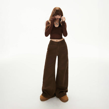 Raccoon House # 2-Color American Retro High-Waisted Loose Wide-Leg Pants, Versatile Ins Draped Autumn and Winter Straight Jeans for Women