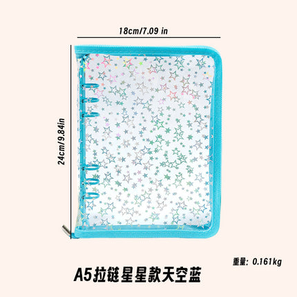Japanese A5 Transparent Loose-leaf Black Glitter Zipper 6-hole Notebook Ins Style Star Chaser Ledger PVC Case