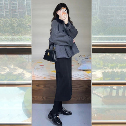 plus size chubby girl autumn and winter women's French Hepburn wind woolen cloth coat knitted sweater dress two-piece suit 200kg