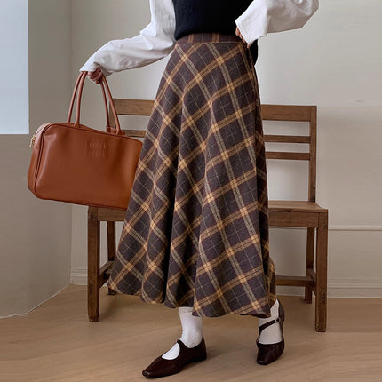 Trendy Youthful Coffee-Colored Plaid High-Waisted Slimming A-Line Midi Skirt for Spring