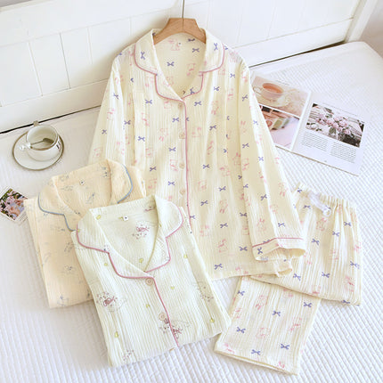 Women's Crepe Lapel Pajamas suit Pregnant Women's Four Seasons Long Sleeve Trousers Cotton Double Gauze Outer Wear Home Wear