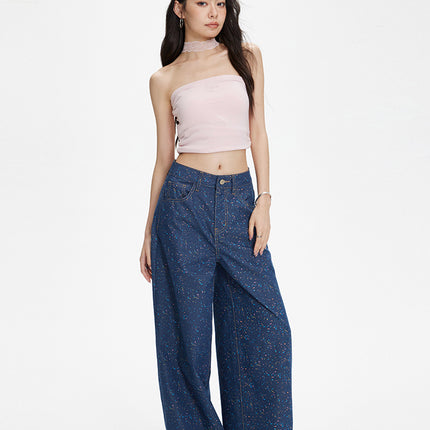 Women's Summer Printed Wide-Leg Denim Casual Pants, Versatile Loose Straight-Leg Floor-Length Pants, High-Waisted and Slimming