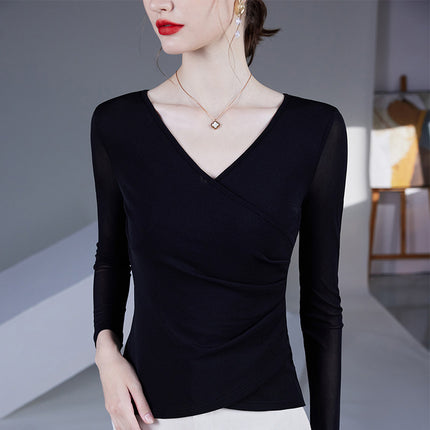 2025 Spring and Autumn New Cross V-Neck Mesh Bottoming Shirt Thin Long-Sleeved Top Women's Waist Covering Belly Fashionable Small