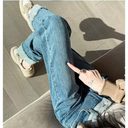 light blue High Waist Straight Tube Cigarette Jeans Women's 2025 Spring Rouge Small Slim Nine-point French Stick Pants