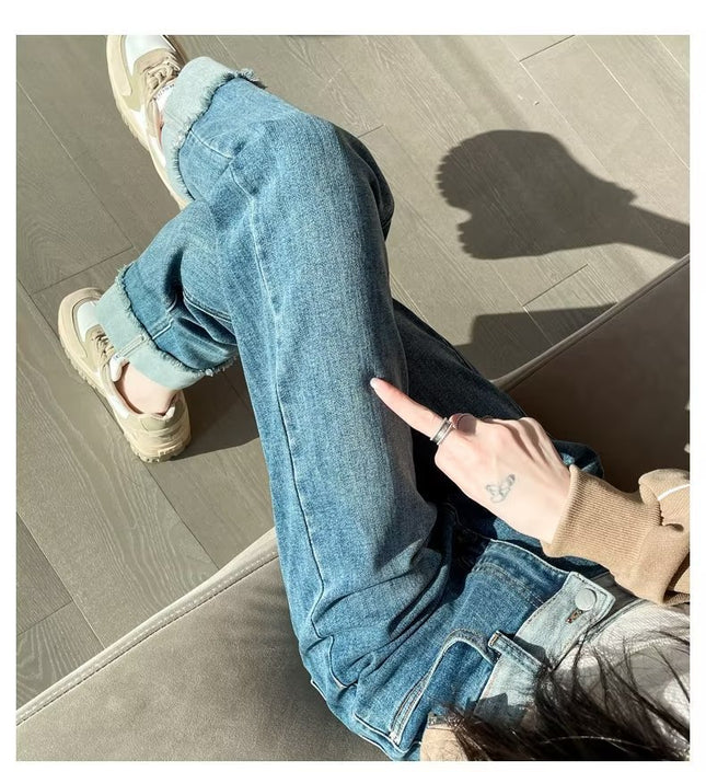 light blue High Waist Straight Tube Cigarette Jeans Women's 2025 Spring Rouge Small Slim Nine-point French Stick Pants