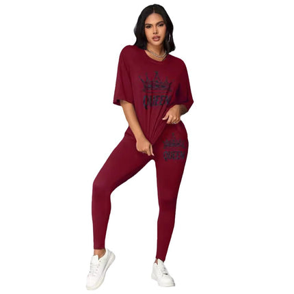 2024 Summer Fashion Versatile Letter Print Casual Loose Short Sleeve Leggings Set Cross-Border Spring and Summer Style