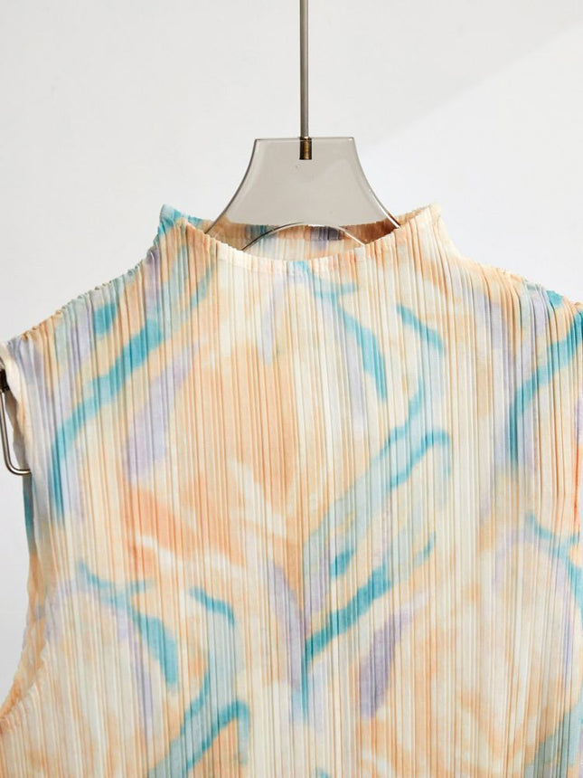 Miyake Counter New Pleated Slim Sleeveless Half-high Collar Vest Top Hip Skirt suit Women's Two-piece Set
