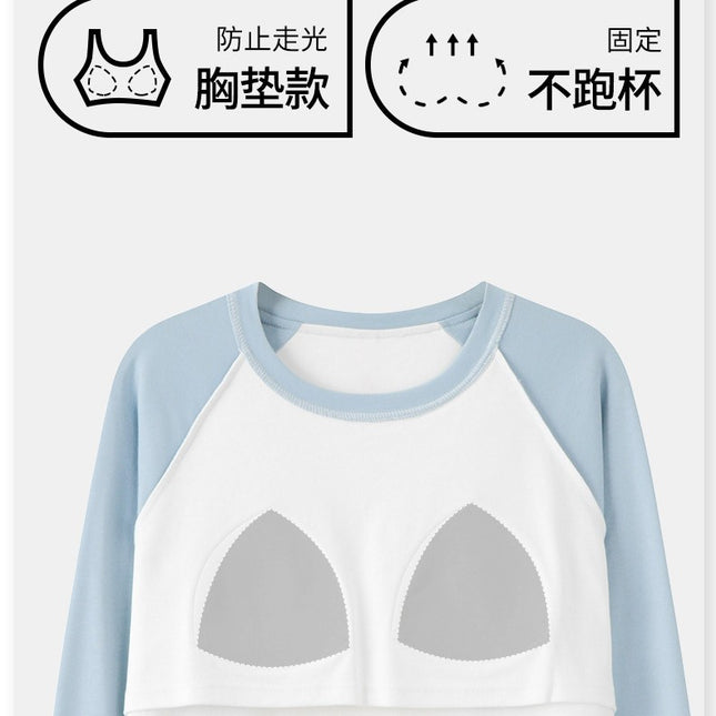 2025 Wholesale Pure Cotton Long-Sleeved Pajamas with Chest Pads, Solid Color, Girly Style, Spring and Summer Round Neck Sweet Home Wear