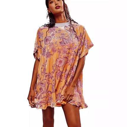 Amazon 2024 Women Fashion Vintage Velvet dress Round Neck Short Sleeve Floral Print Mini Elegant