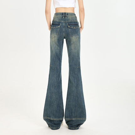 2026 Spring New Stretchy Retro Color American Style High-Waisted Slimming Hot Girl Design Multi-Studded Slim Fit Flare Pants