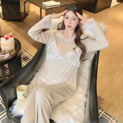 Oh Mida's New Autum High-End Pajamas Women's Cashmere Cotton Fake Two-Piece Long-Sleeved Accessible Luxury Home Wear Outer Suit