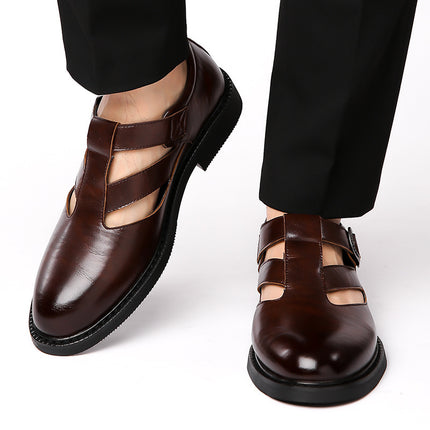 2025 Breathable Men's Leather Sandals with Hollow Design, Soft Sole Dad Sandals, One-Piece Drop-Shipping Men's Genuine Leather Sandals