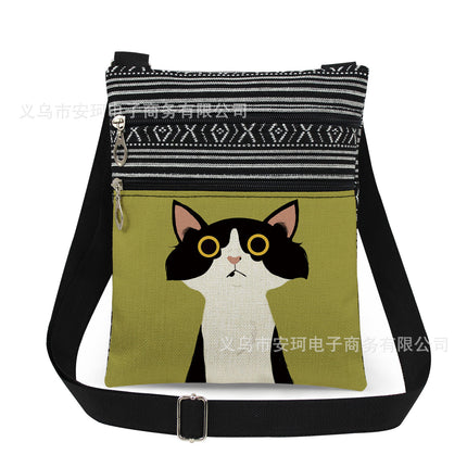 Cross-Border New Product Double Zipper Cat Print Single Shoulder Crossbody Bag Ultra-Light Cross-Border Style Messenger Bag Fashionable and Cute Women's Bag