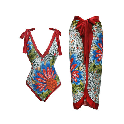 2024 New French lace-up swimsuit women's hot spring beach vacation one-piece bikini sexy printed suit swimsuit