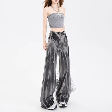 Ripple Tie-Dye High-Waisted Wide-Leg Jeans for Women, Trendy and Versatile 2025 New Loose Slimming Design Long Pants