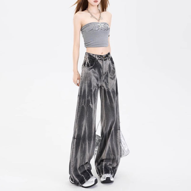 Ripple Tie-Dye High-Waisted Wide-Leg Jeans for Women, Trendy and Versatile 2025 New Loose Slimming Design Long Pants