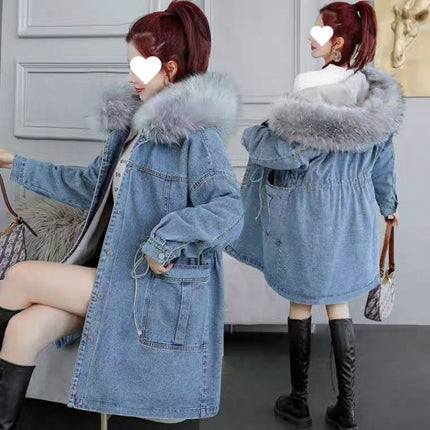 fleece-lined Thickened Denim Cotton-padded Coat Women's Autumn and Winter New Korean Style plus size Loose Western Style All-match Mid-length Cotton-padded Coat