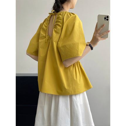 Taochuan Backless Discreet~Round Neck Elegant Slimming Look Versatile Waist Design Cut Out Short-Sleeved Shirt for Women 5385