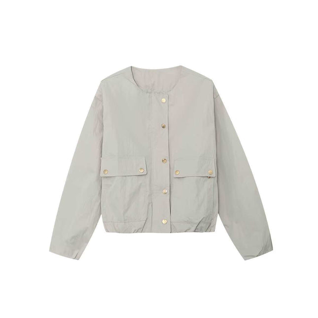 White Long-Sleeved New European and American Women's Clothing Simple Pocket Decorative Jacket Summer