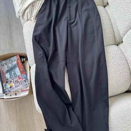 Black High-Waisted Cargo Casual Pants for Petite Figures, with Cuffs, Buttoned, Curved Knife-Cut Wide-Leg Pants, Comfortable and Leg-Lengthening, Suitable for Spring