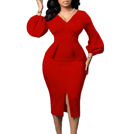 D354 Amazon European and American Women's V-neck Puff Sleeve Split Dress office Pencil Skirt African Dress