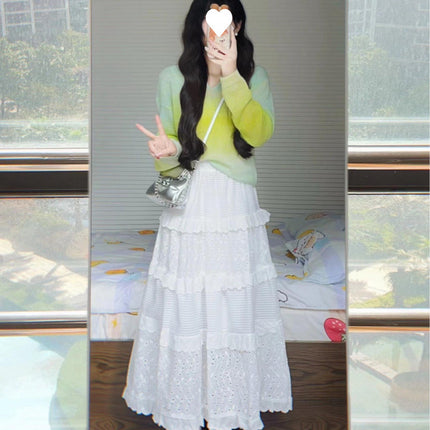 Gradient vignette 2024 new thin loose long sleeve sweater slimming cake skirt gentle style skirt suit