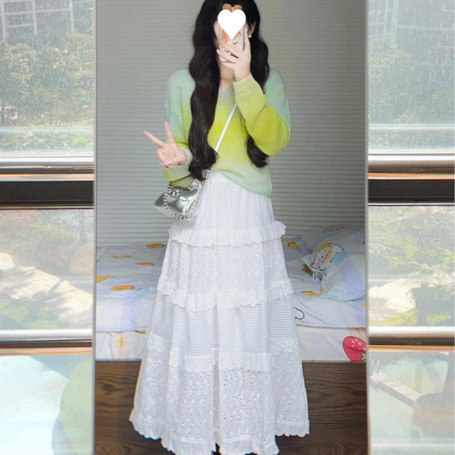 Gradient vignette 2024 new thin loose long sleeve sweater slimming cake skirt gentle style skirt suit