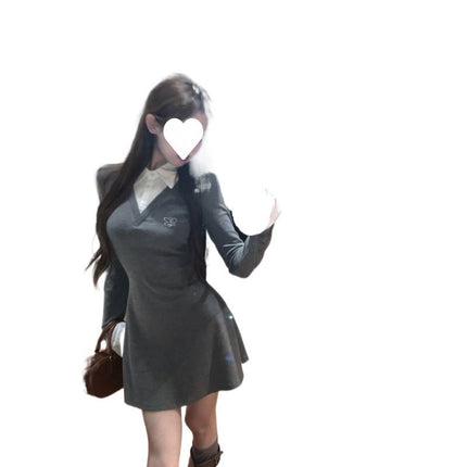 College Style Fake Two-Piece Shirt Dress for Women in Autumn and Winter, Pure Lust, Sexy Hip-Hugging, Beautiful Little Mom Short Skirt with Inner Skirt