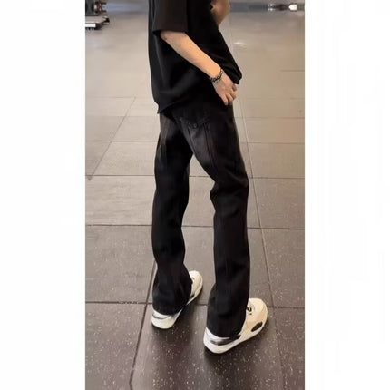 Vintage Blue Denim Jeans for Men, American Style, Stylish and High-End, Extended Length for Tall Individuals, Curved Hem, Bootcut Pants
