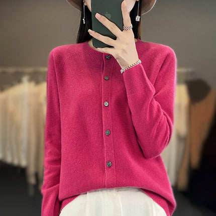 2024 Seamless One Round Neck 100 Wool Cardigan Women's Osmanthus Needle Long Sleeve Jacket Top Base Shirt