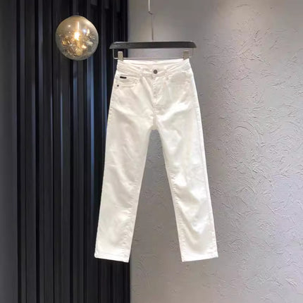 White Straight Jeans 2024 Summer Thin Elastic High Waist Slim Casual Nine-Point Cigarette Pipe Pants for Small People