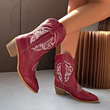 2025 Cross-Border Export New Thick-Heeled Western Cowboy Boots V-Mouth Embroidered Sleeve Knight Boots Retro Mid-Calf Square Toe
