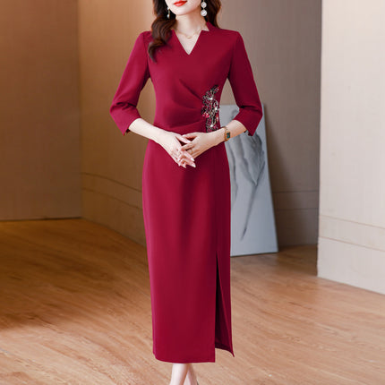 Xi mother-in-law wedding dress wine red dress 2023 autumn new fashion retro high-end slim dress