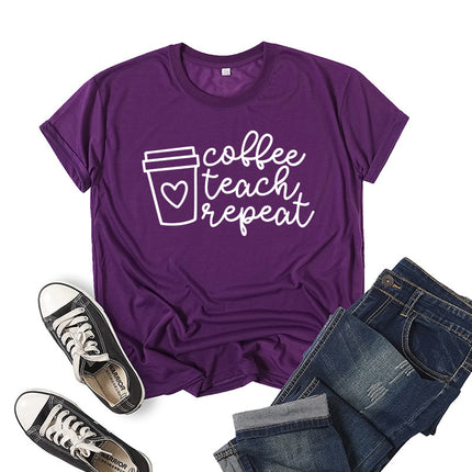 in stock Foreign Trade Cross-border Coffee Tea Repeat Printed Short-sleeved Crewneck T-shirt for European and American Men and Women