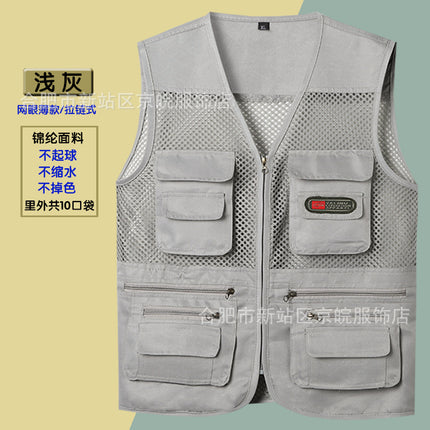 Summer Thin Mesh Vest Mountaineering Travel Pure Cotton Mesh Waistcoat Casual Multi-Pocket Functional Photography Fishing Vest