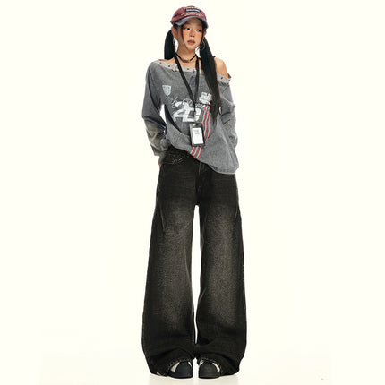 American Retro Wide-Leg Jeans for Women 2025 Early Autumn New Design Distressed Slimming Straight-Leg Floor-Length Pants
