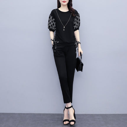 Summer New Large Size Women's Clothing Fashion Stitching Trendy Printed Clothing New Casual Elegant Short-sleeved Cropped Pants Two-piece Set