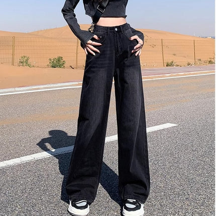 Black Grey Wide Leg Jeans Women's Fashion All-match New High Waist Loose Slimming Niche Design Sense Straight Pants