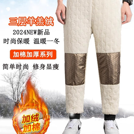 Cross-border Winter Lamb Velvet Sports Pants Men's fleece-lined Thickened Waterproof Warm Outdoor Down Cotton Pants Casual Trousers