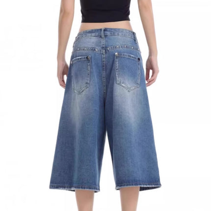 American Retro Washed Distressed Lightning Pattern Cropped Denim Shorts for Women Summer New Loose Straight Wide-Leg Mid-Pants