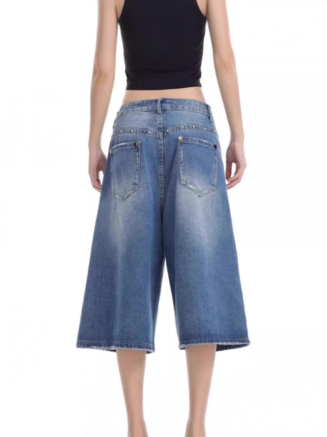 American Retro Washed Distressed Lightning Pattern Cropped Denim Shorts for Women Summer New Loose Straight Wide-Leg Mid-Pants
