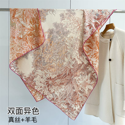 High-End Botanical Garden Double-Sided Heterochromatic Silk Wool Large Square Scarf Autumn and Winter Fashionable Warm Scarf Shawl for Women