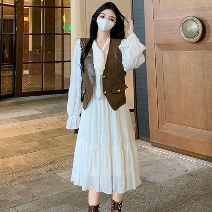 plus size chubby girl autumn new waist slimming French sweet long sleeve dress women's leather jacket two-piece set