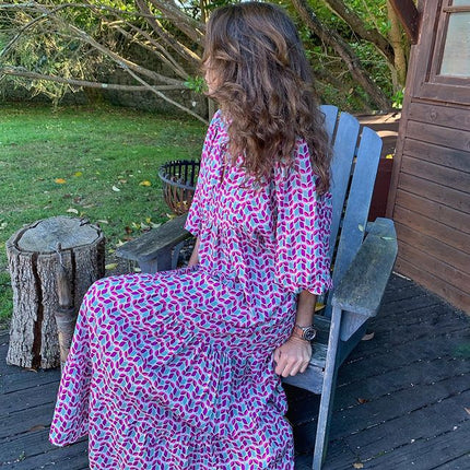 European and American Plus-Size Women's Loose-Fitting Bohemian Round-Neck Lantern-Sleeve Sweet Girl Dress Wholesale from Source Factory