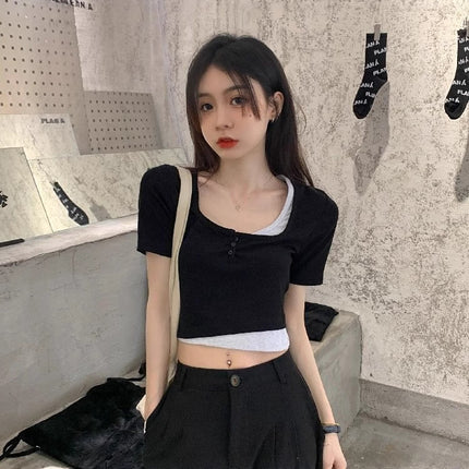 92 Rayon 8 Spandex Summer New Sexy Fake Two-Piece Short-Sleeved T-Shirt Women's Niche Slim Bm Short Crop Top
