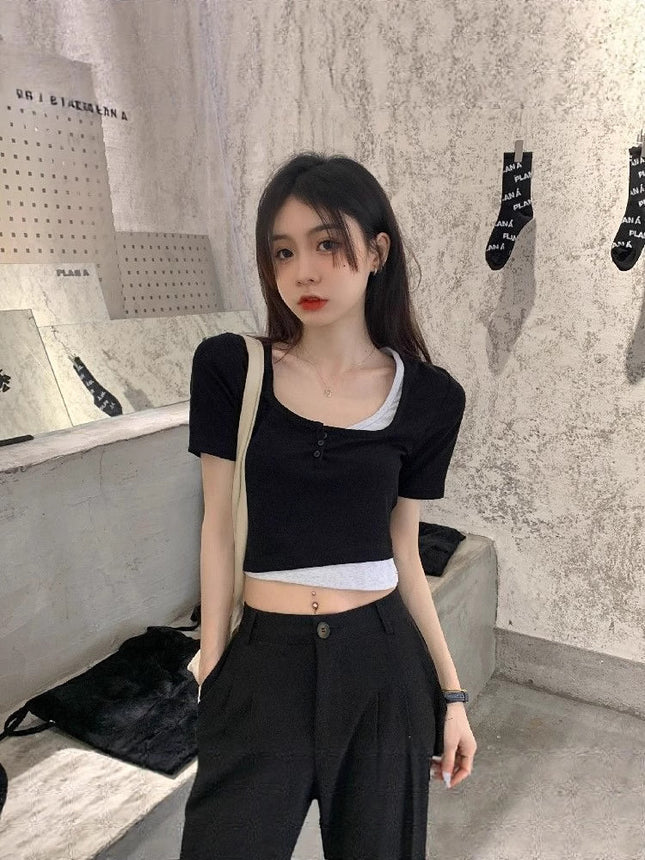 92 Rayon 8 Spandex Summer New Sexy Fake Two-Piece Short-Sleeved T-Shirt Women's Niche Slim Bm Short Crop Top