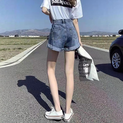 Personalized Versatile Curled Denim Shorts for Women Summer 2025 Pear-Shaped Figure High-Waisted Loose Slimming Thin Wide-Leg Shorts