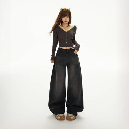 Raccoon House # 2-Color American Retro High-Waisted Loose Wide-Leg Pants, Versatile Ins Draped Autumn and Winter Straight Jeans for Women