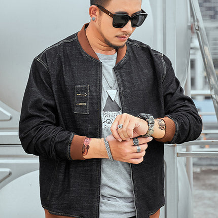 Plus Size Men's Loose Denim Jacket Plus Fat Enlarged Elastic Fat Men's Baseball Uniform Korean Style Fat Jacket Trendy Top