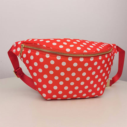 New Cross-border Nylon Waterproof Red and White Wave Dot Waist Bag Outdoor Sports Women Chest Bag Portable Travel Crossbody Bag